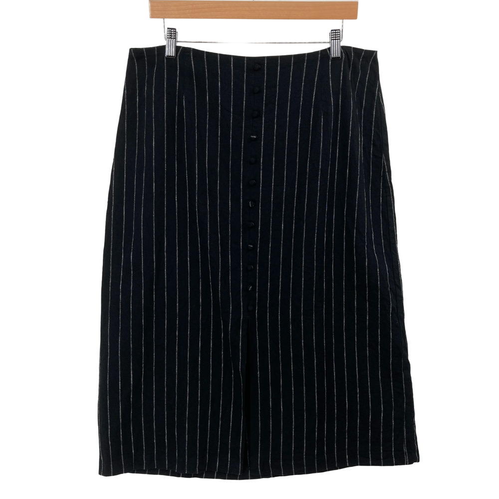 Banana Republic Linen Blend Black Pinstripe Midi Skirt Womens Size 16 Button